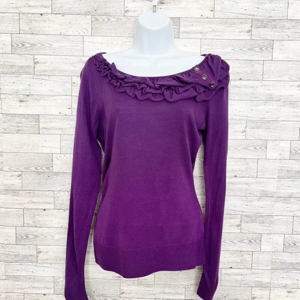 NEW YORK & COMPANY Purple Ruffle Trim Sweater, S